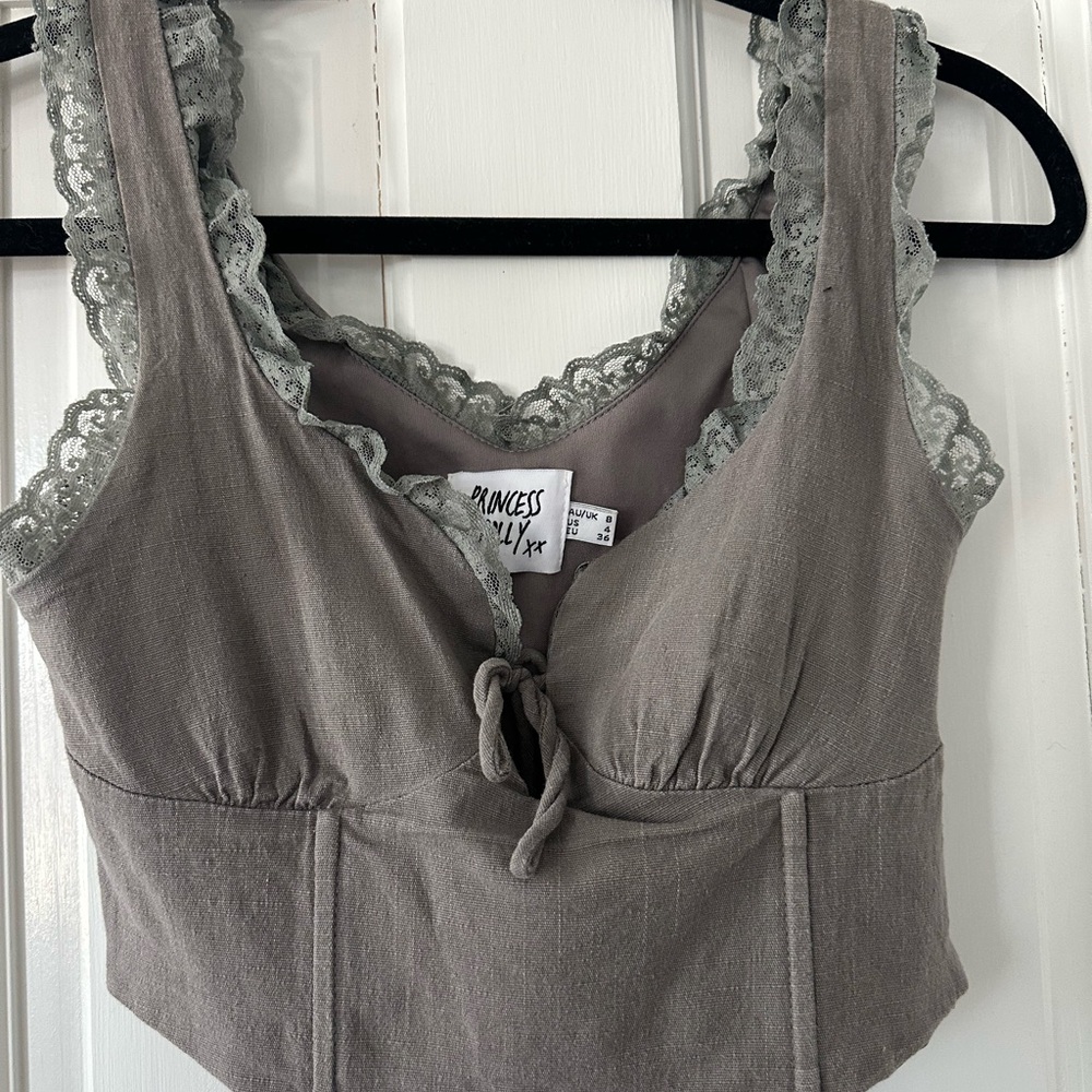 Princess Polly Taupe Lace-Trim Tie-Front Crop Top